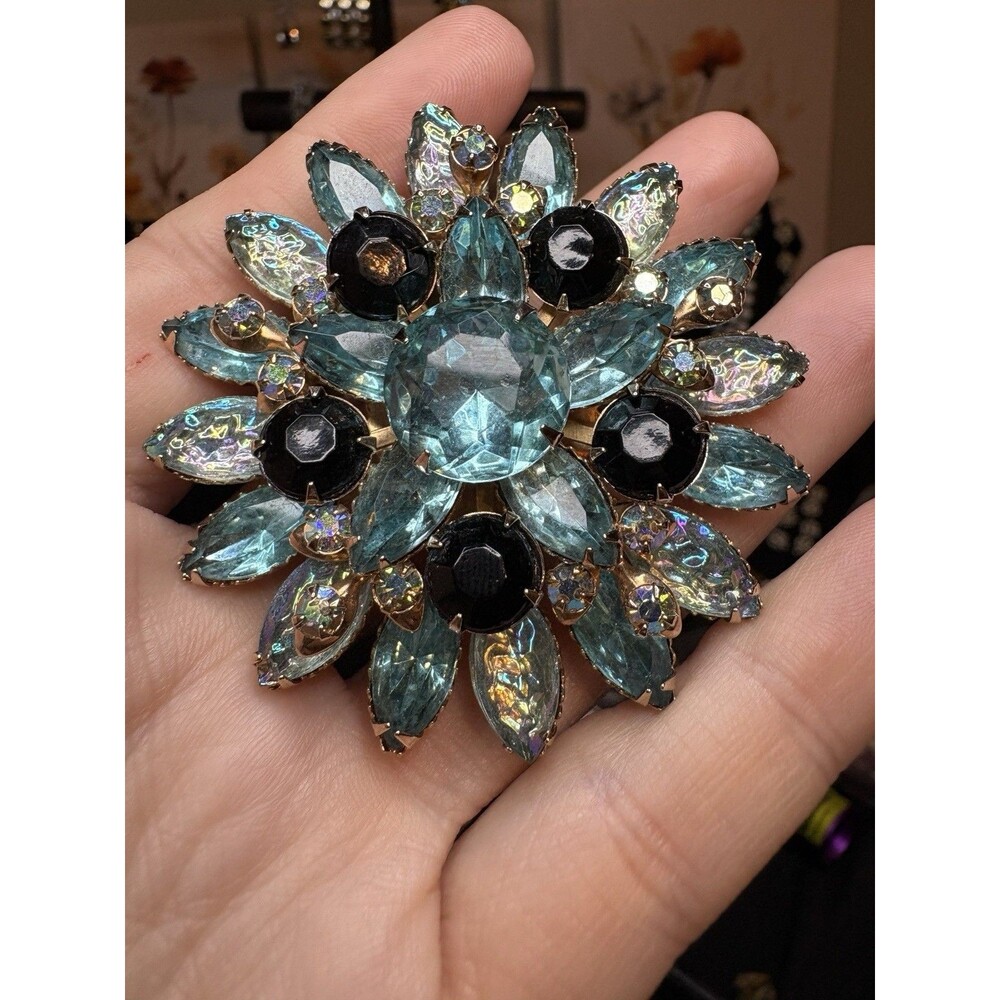 Vintage Aqua Blue Black AB Rhinestone Brooch 2.5” Layered UV Reactive